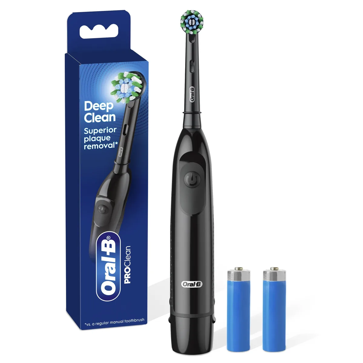 Black battery toothbrush with round CrossAction brush head
