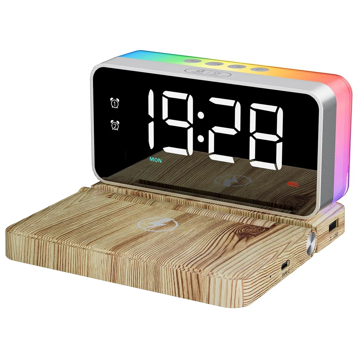 Woodgrain digital clock with wireless charging pad and speaker grille