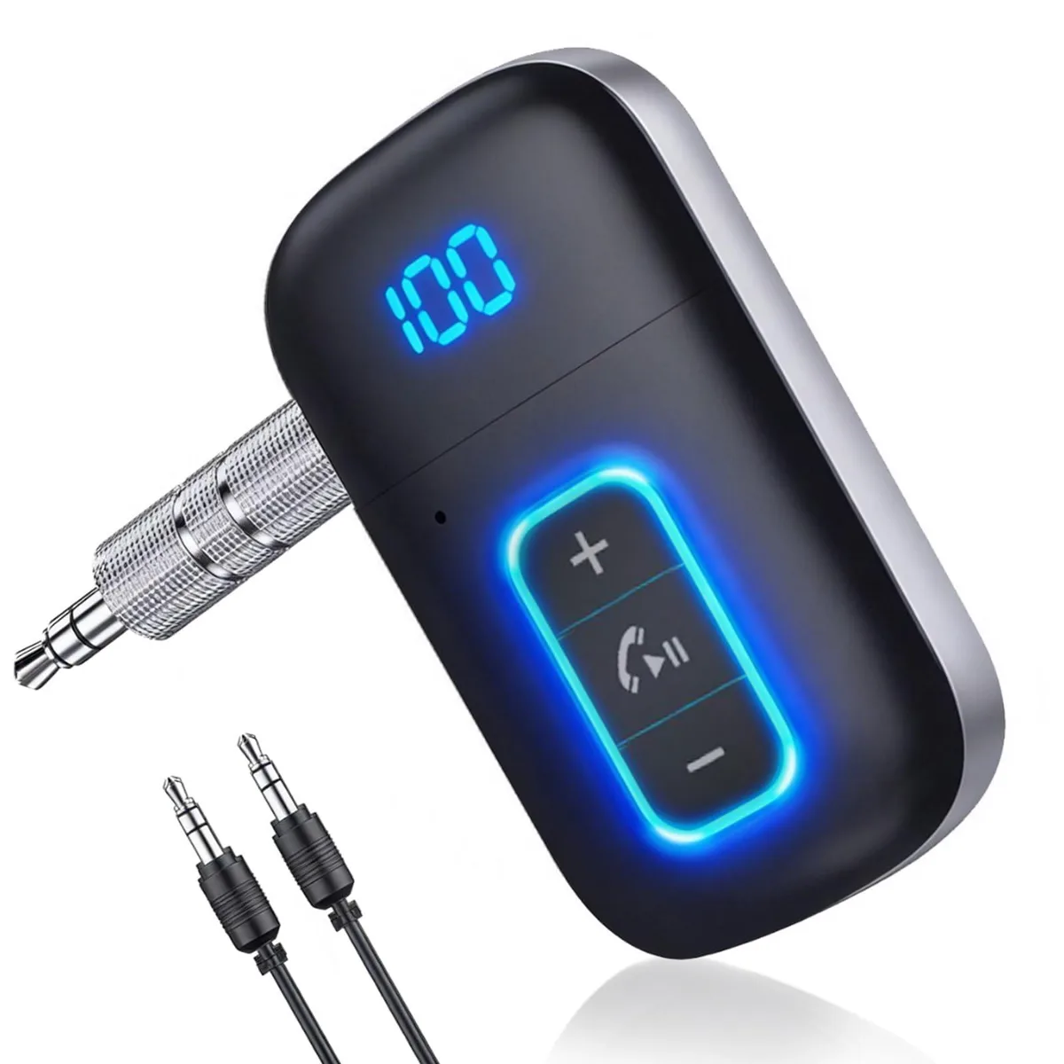Silver rectangular Bluetooth 5.3 receiver with LED display, 3.5mm plug, 2.2 by 1.3 by .24 inches