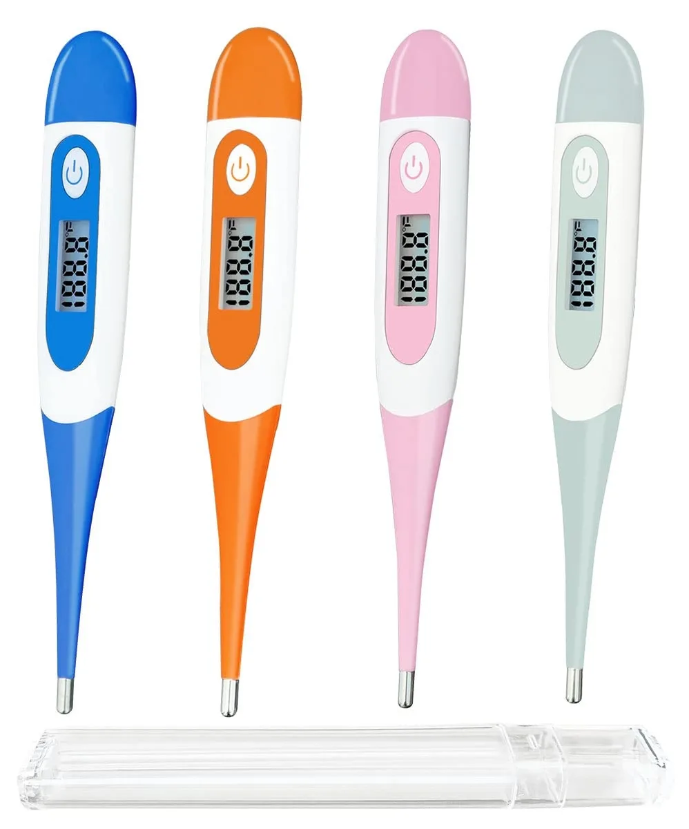 Four digital thermometers with flexible tips and LCD screens in storage cases