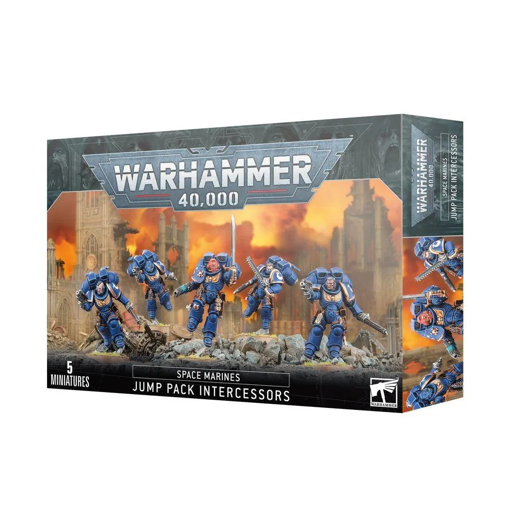 Boxed Warhammer 40K Jump Pack Intercessors miniatures kit, plastic sprues and bases visible