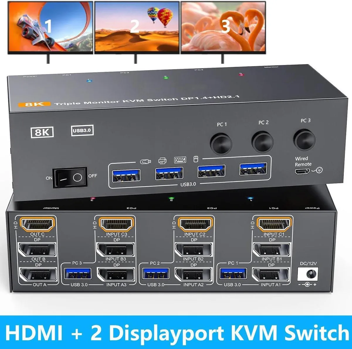 Vszerda Vszerda 3-PC 3-Monitor KVM Switch 2×DP1.4+HDMI2.1 8K@60Hz/4K@144Hz 4×USB3.0 — product photo