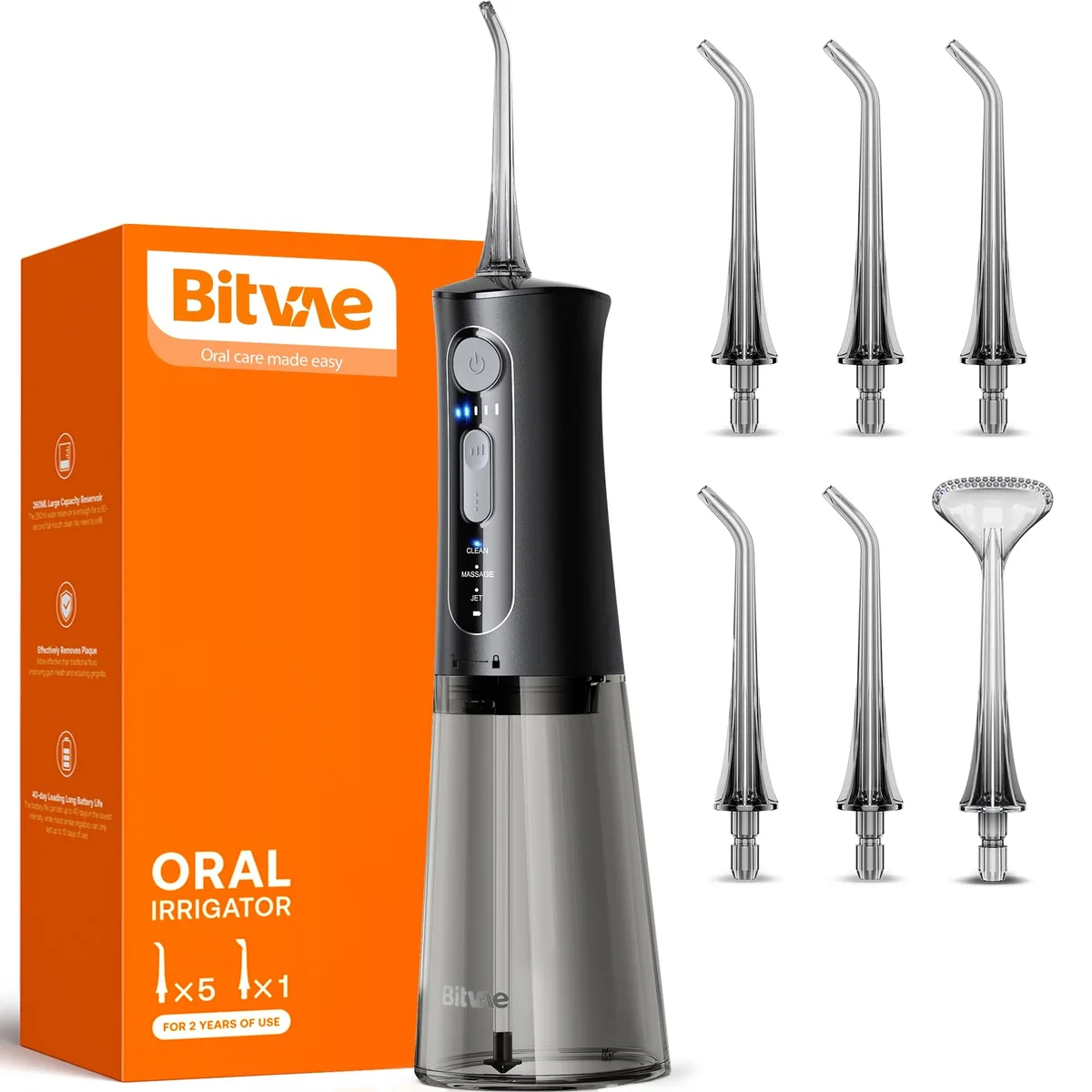 White cordless water flosser with 260ml tank and multiple tips
