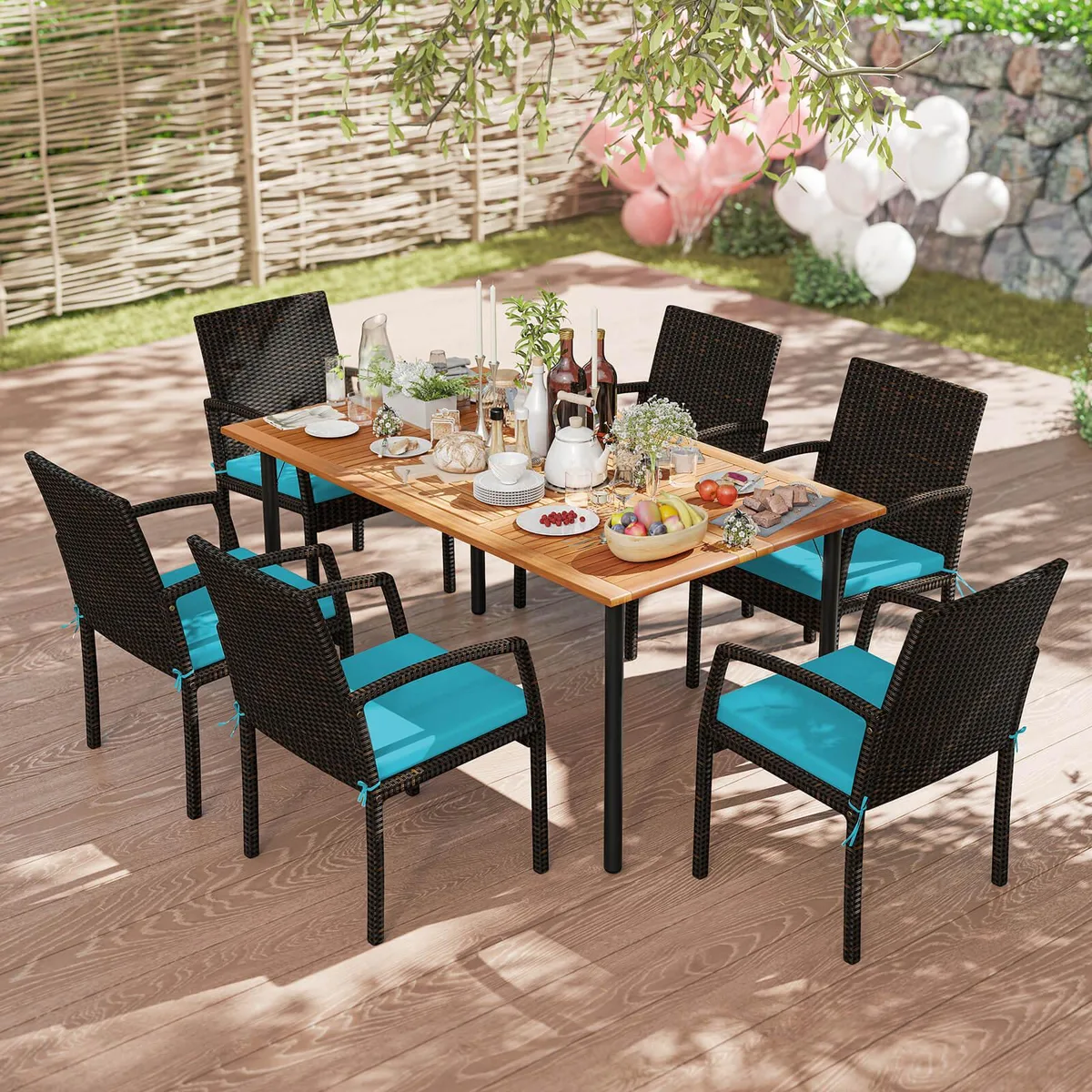 Seven-piece turquoise rattan dining set with cushions and umbrella hole