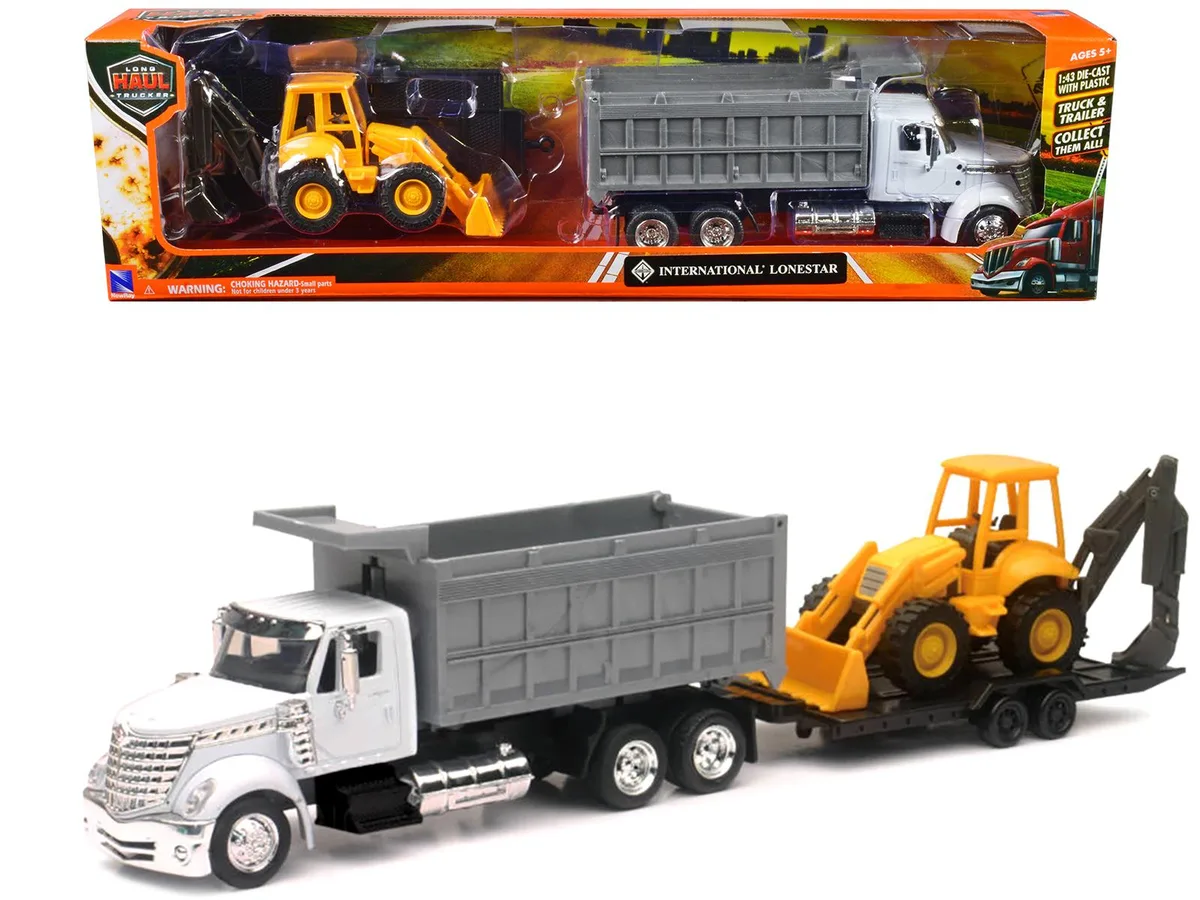 New Ray Toys New Ray Toys International Lonestar Dump Truck White &amp; Wheel Loader Yellow with Flatbed Trailer 1/43 Diecast — product photo