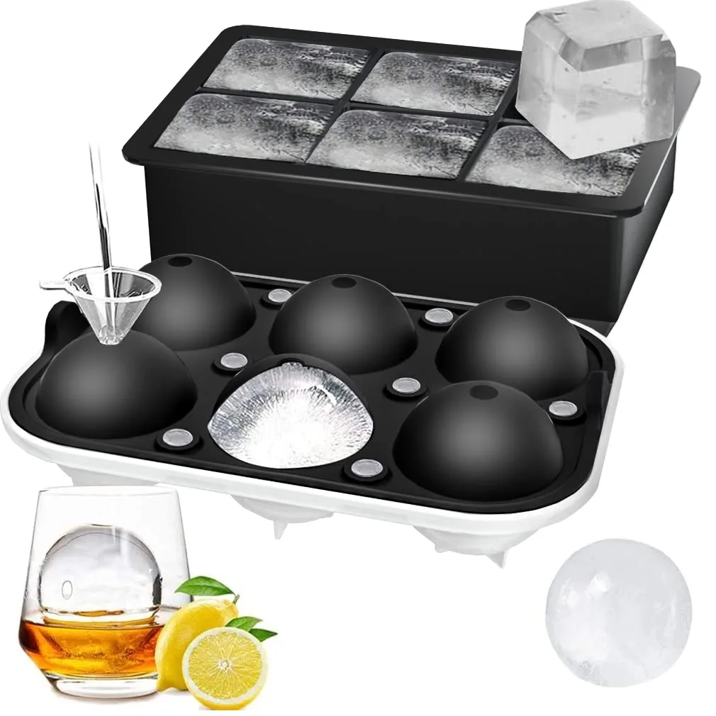 Two black silicone ice trays, one for spheres and one for large square cubes, each with a lid