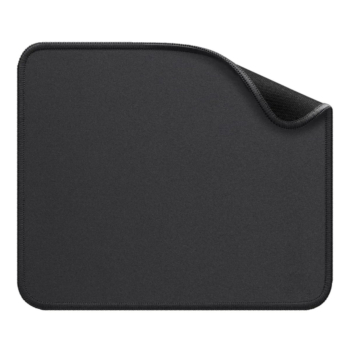Black rectangular mouse pad with stitched edges and non-slip rubber base, smooth polyester surface