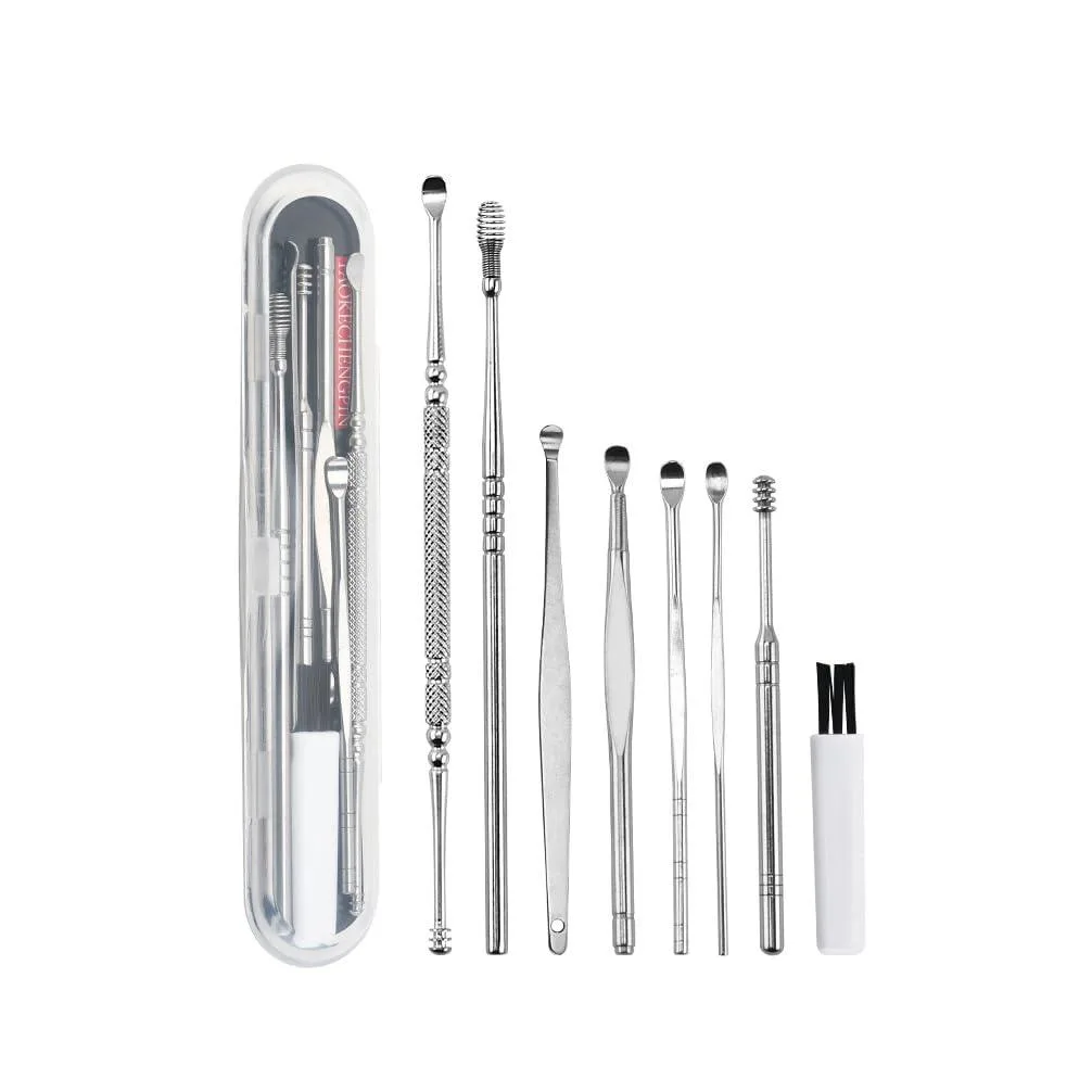 Eight silver stainless steel ear picks in a clear storage case