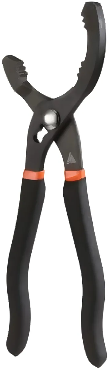 Adjustable oil filter pliers with black forged jaws and red plastisol-coated handles, 265 mm long