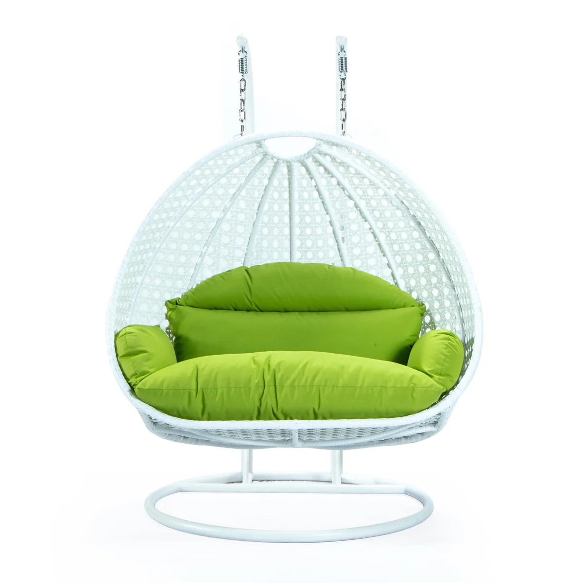 LeisureMod LeisureMod White Wicker Double Hanging Egg Swing Chair Light Green Patio Furniture — product photo