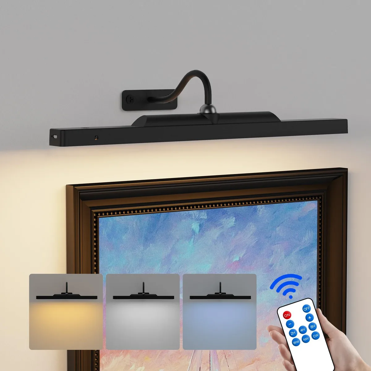 Black 16-inch cordless picture light with magnetic USB-C charging and remote