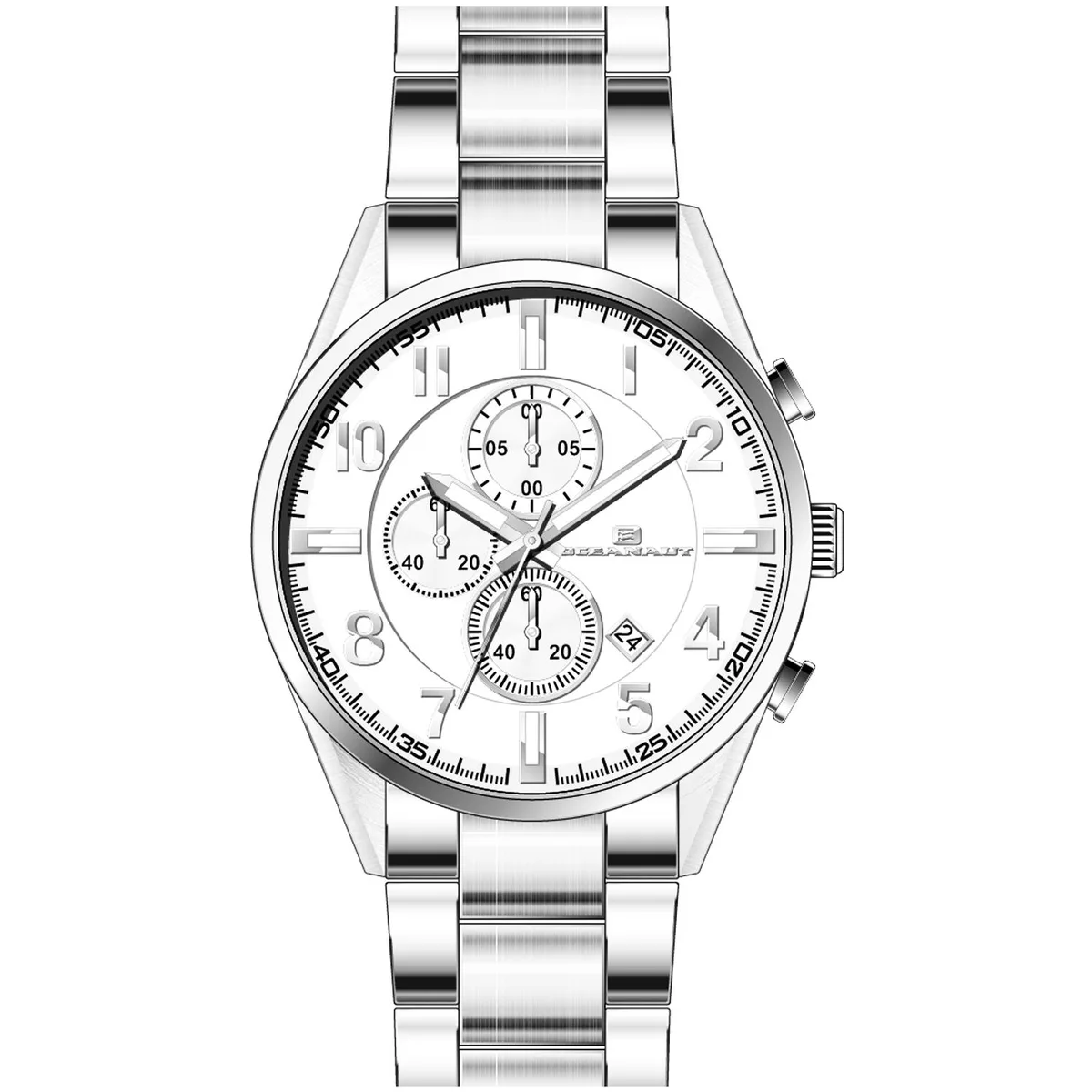 Silver stainless steel watch with chronograph dial and metal bracelet