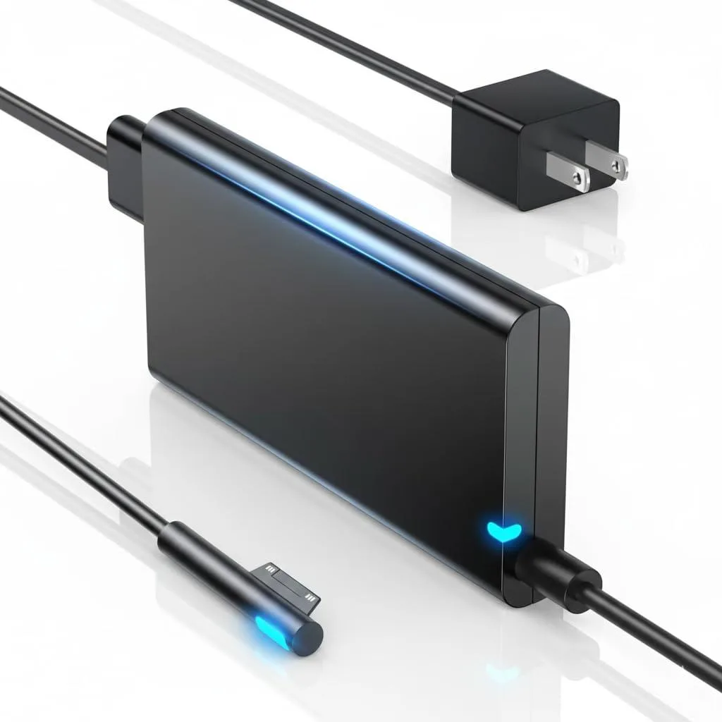 Rectangular black power brick with magnetic Surface connector and blue LED indicator