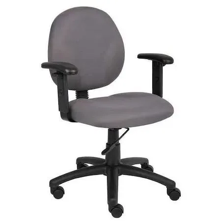 Gray fabric office chair with adjustable arms, five casters, height range 33 to 38 inches