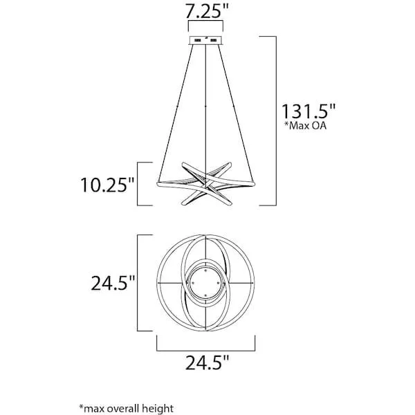 Arched matte white aluminum channel twisted into a sculptural pendant 24.5 inches wide