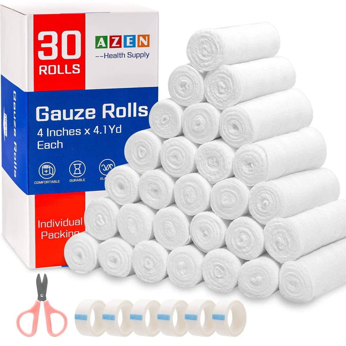  AZEN C-30P 30 Pack Gauze Rolls 4 in x 4.1 yd First Aid — product photo