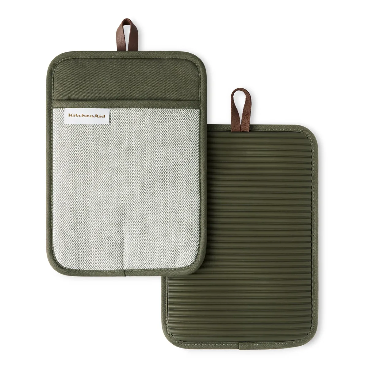 Two rectangular forest-green silicone pot holders with herringbone ribbed texture and brown vegan leather hanging loops