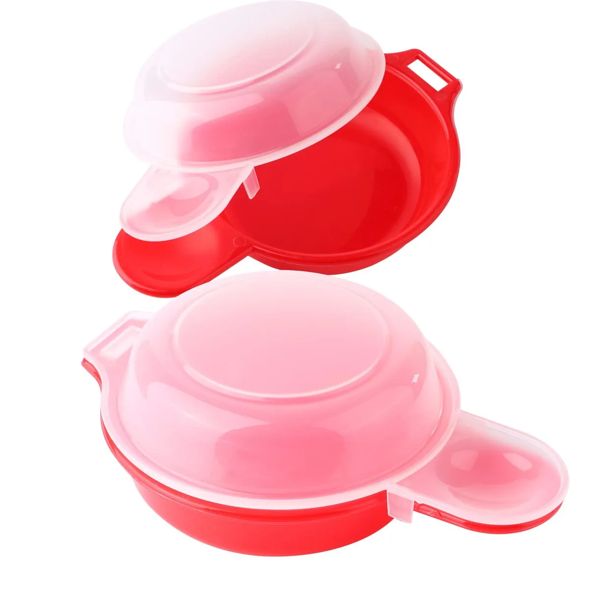 Two white microwave egg cookers, round with red silicone handles, sitting side by side