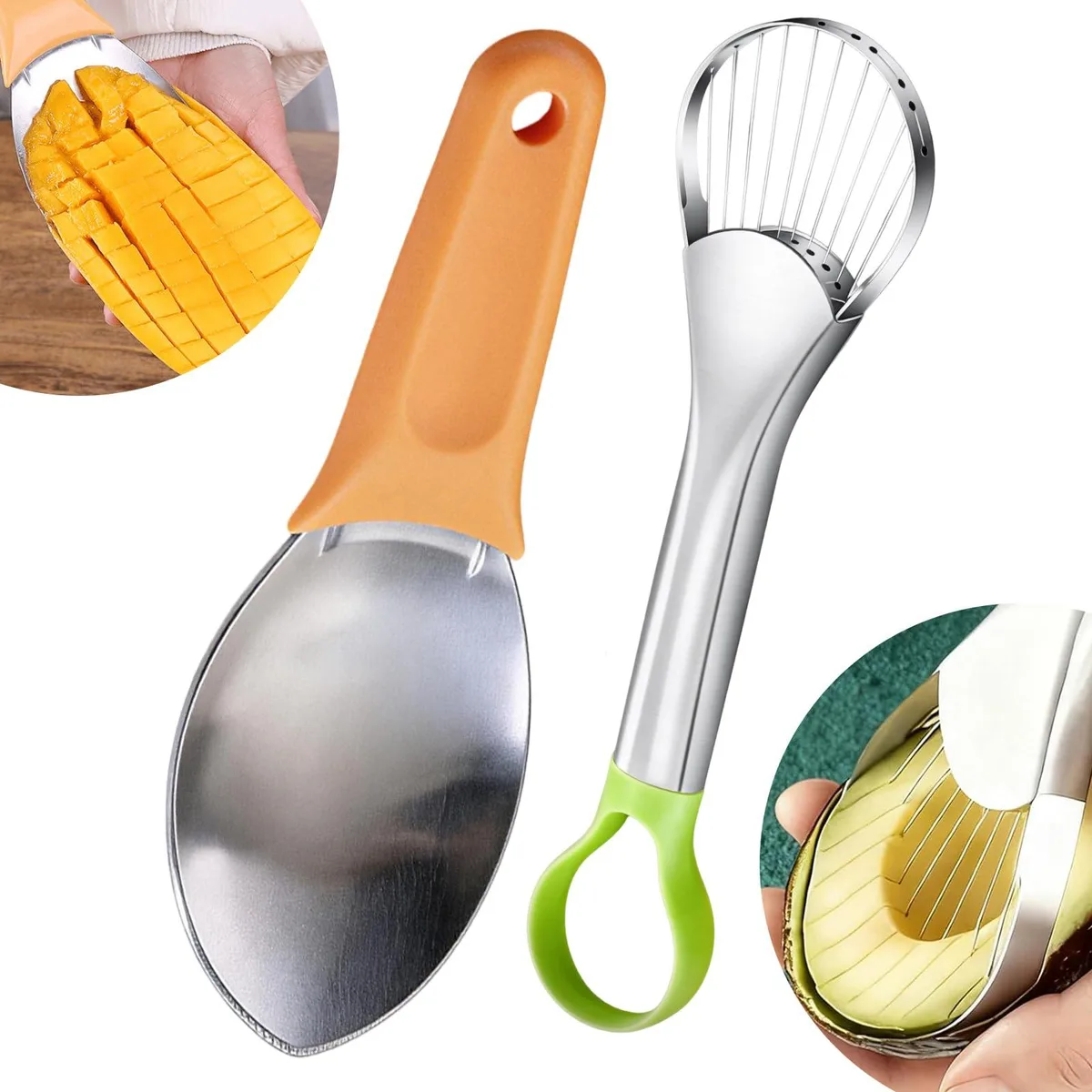 Two green stainless steel fruit tools on a light background