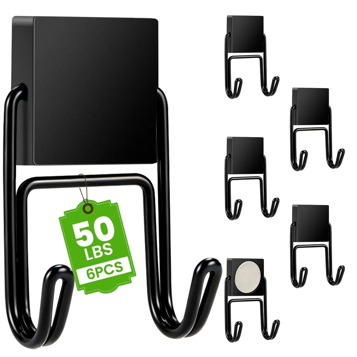Six black magnetic hooks with rotating double hooks on square bases