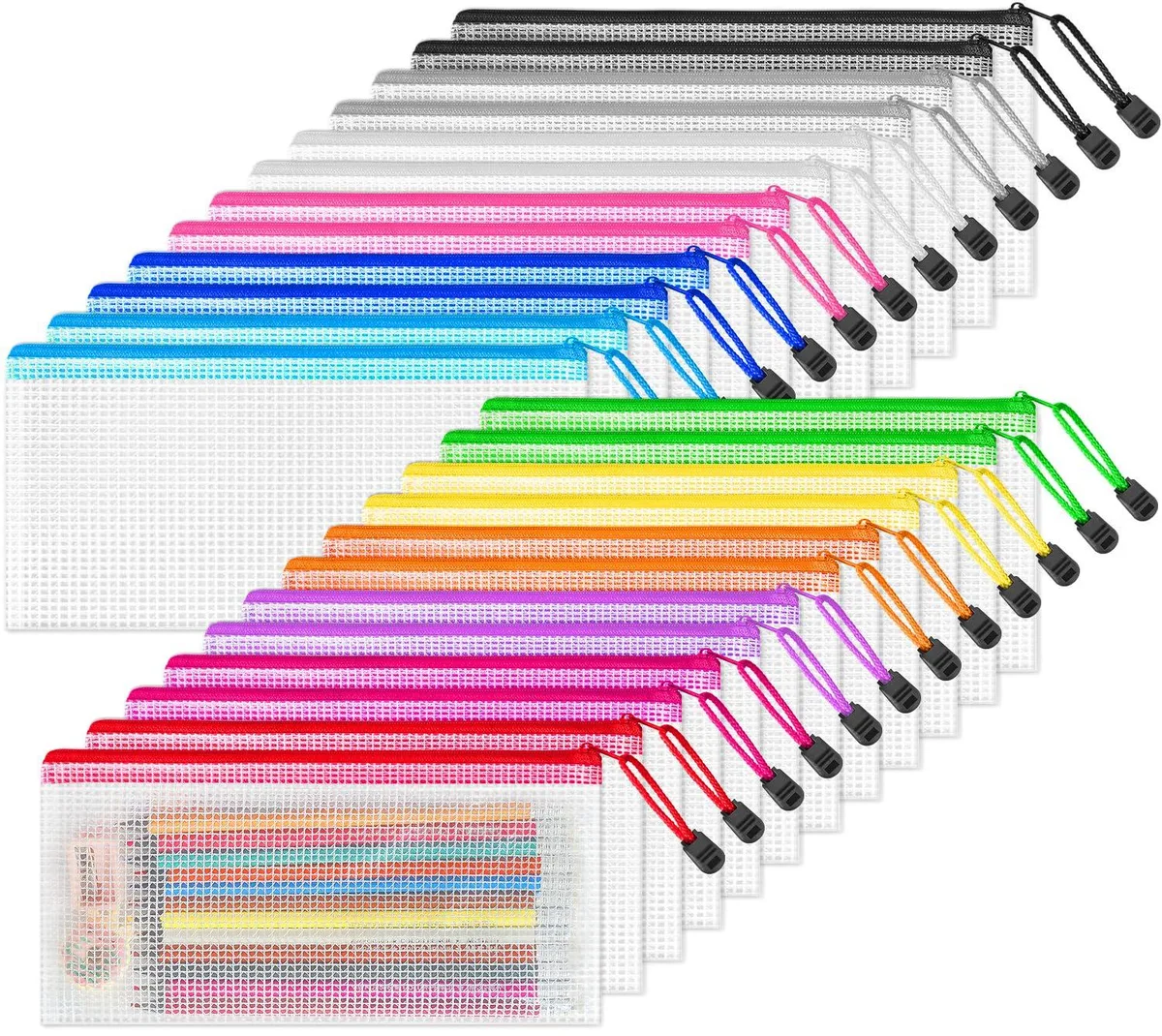 Shyling SL-WGBD-24P 24 Mesh Zipper Pouches 9.5" x 4.5" 12 Colors — product photo