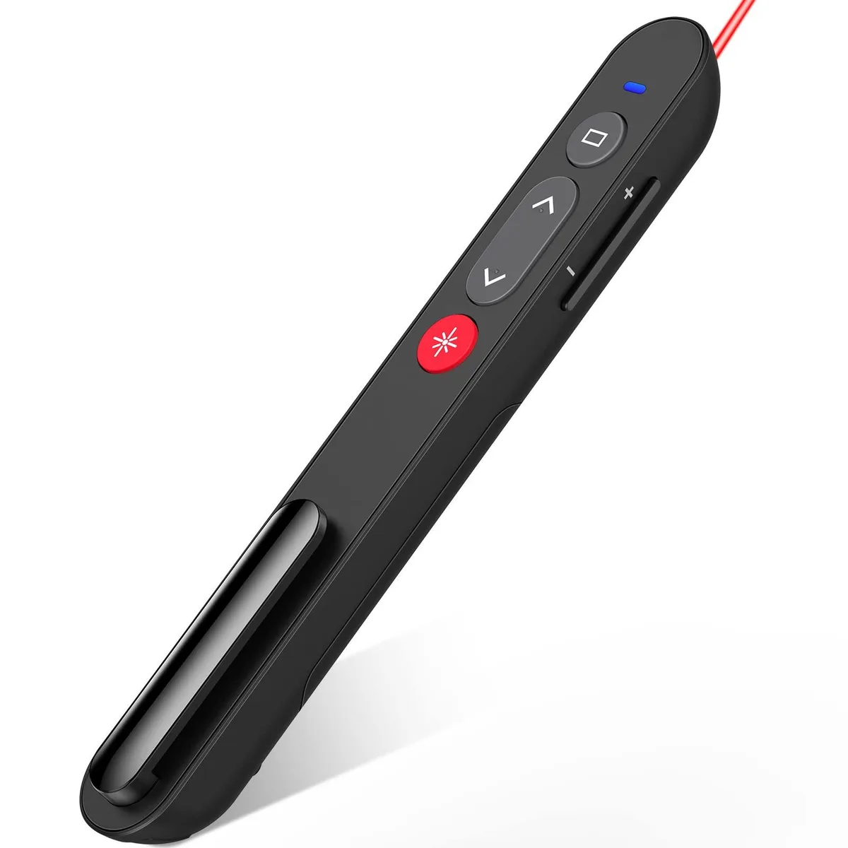 Black wireless presenter with red laser pointer and magnetic USB receiver storage