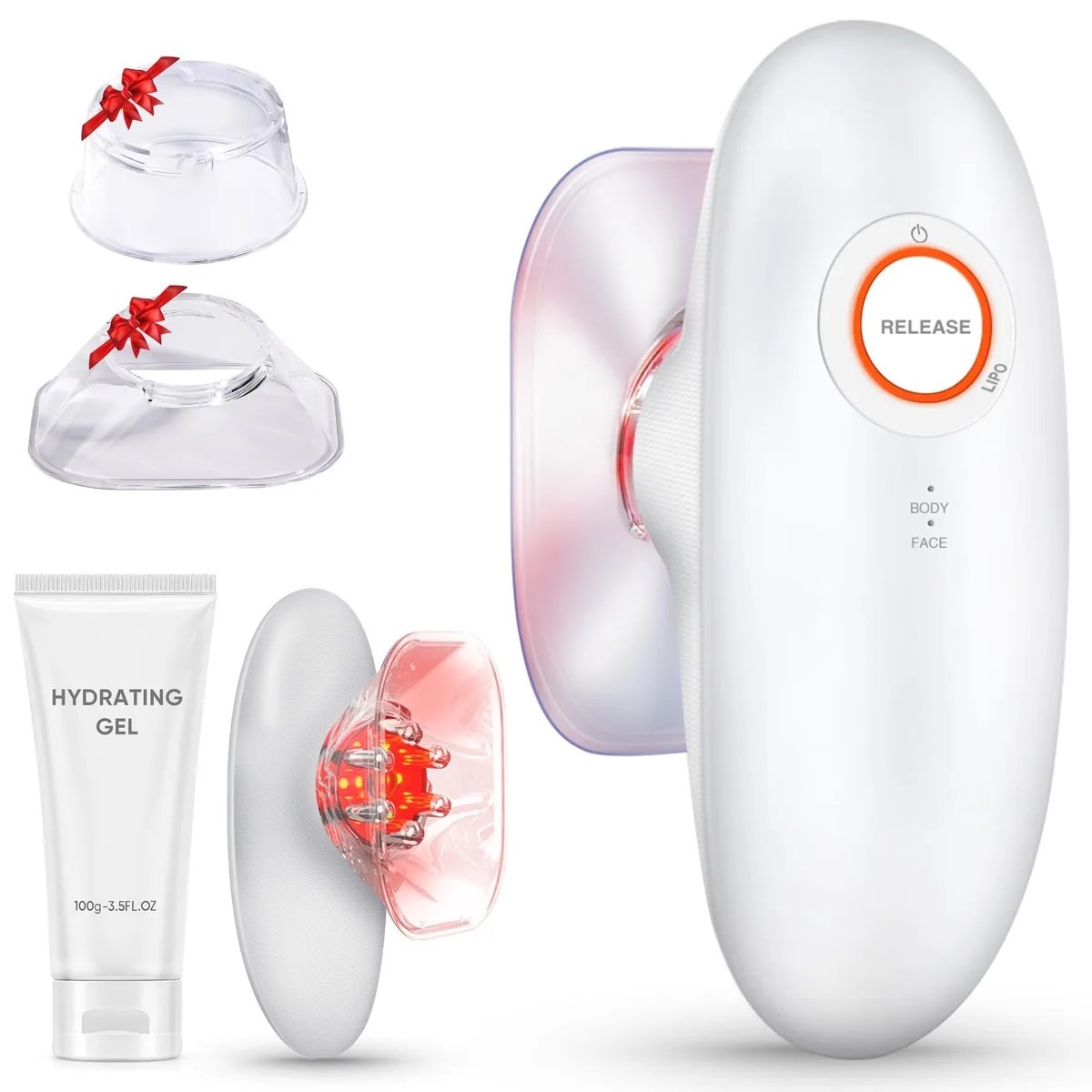 White handheld massager with rounded head and two suction cups, compact oval shape, matte plastic finish