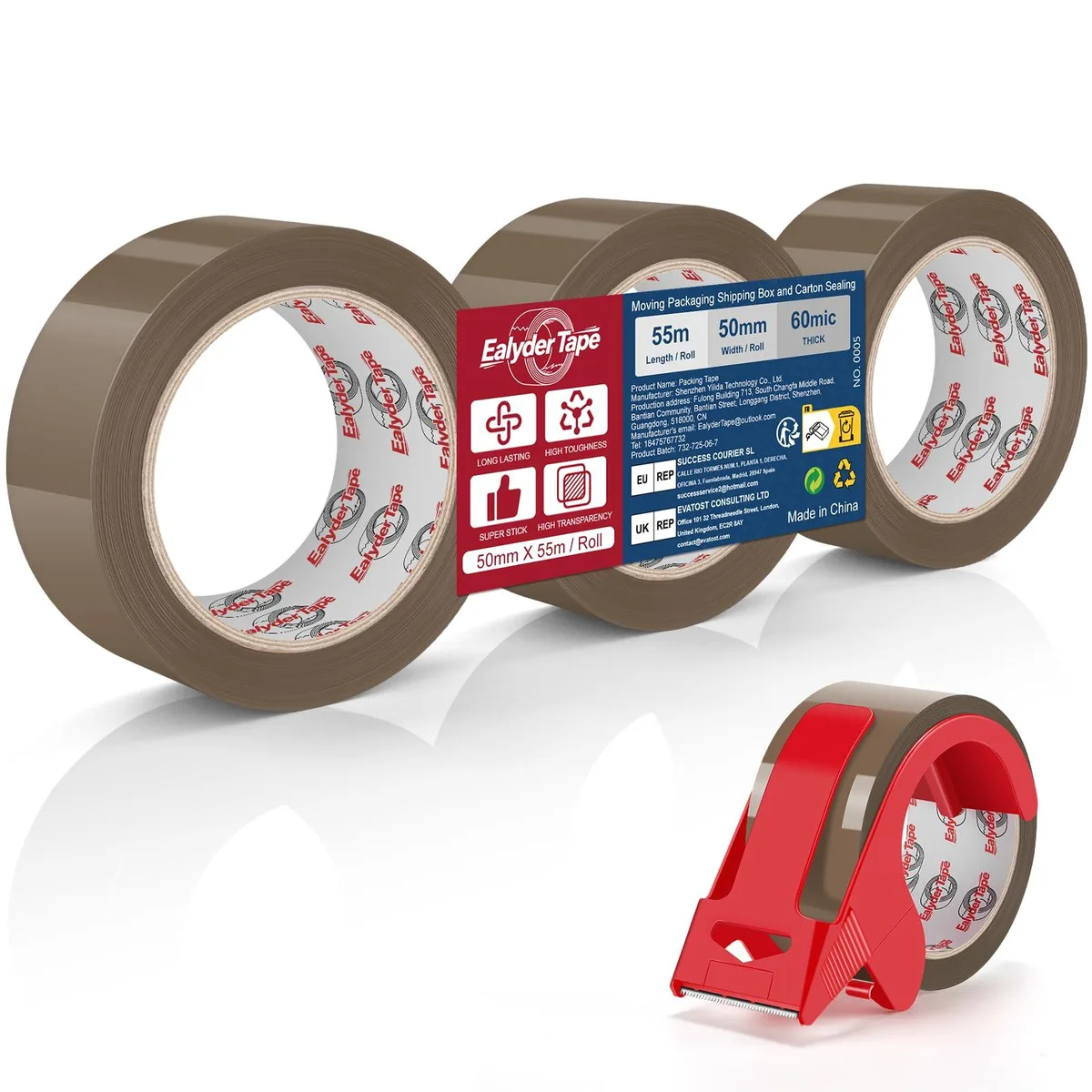 Three brown packing tape rolls with red dispenser cutter