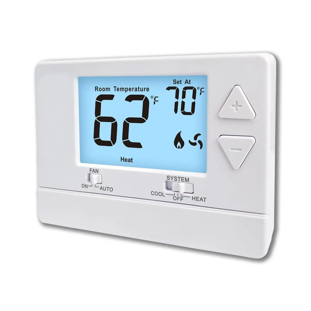 Twelve white rectangular wall thermostats with LCD screens and push buttons