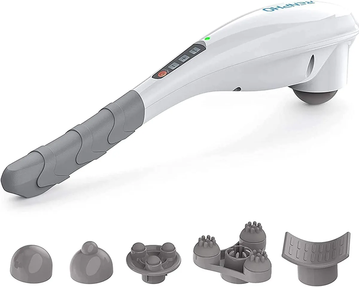 Blue handheld massager with ergonomic handle and interchangeable heads