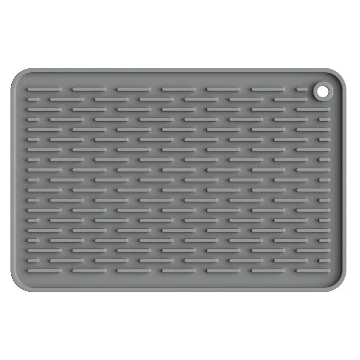 Grey silicone drying mat with raised strips and outer edges, 12 by 8 inches