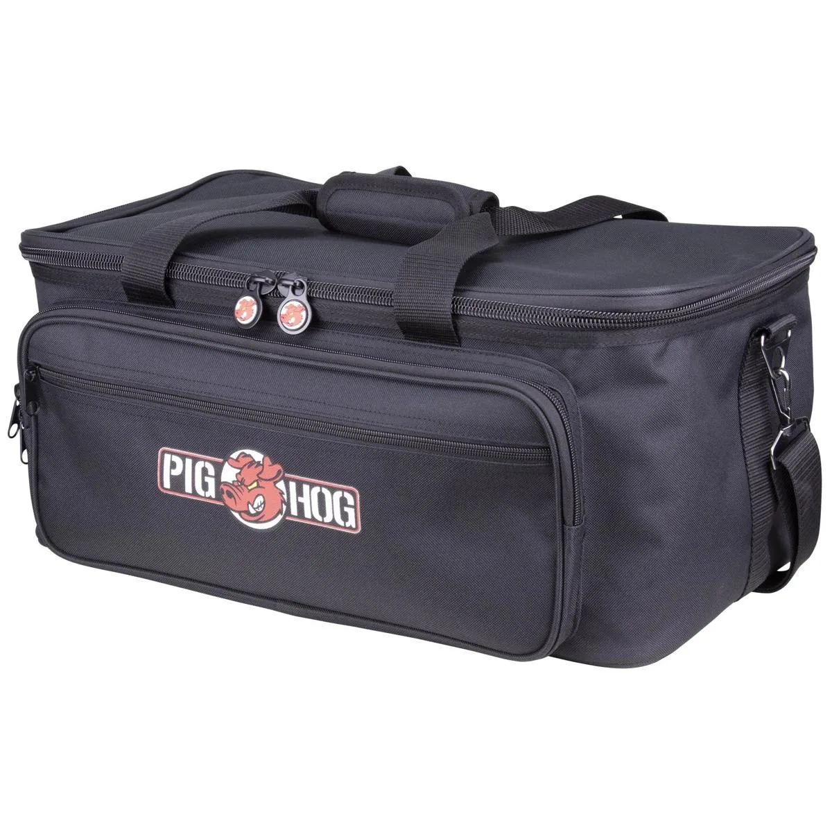 Black 600D polyester cable organizer bag with webbing handles, shoulder strap, 12 slots, front pocket