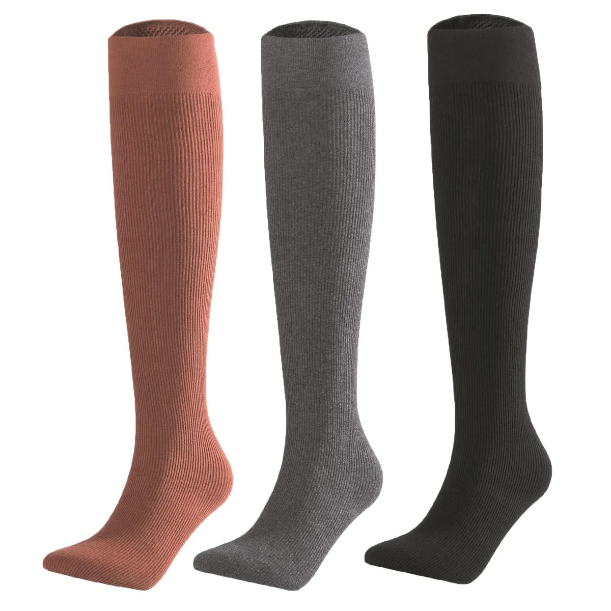 Three pairs of thigh-high cotton boot socks in assorted colours, size 6-9, model 1888