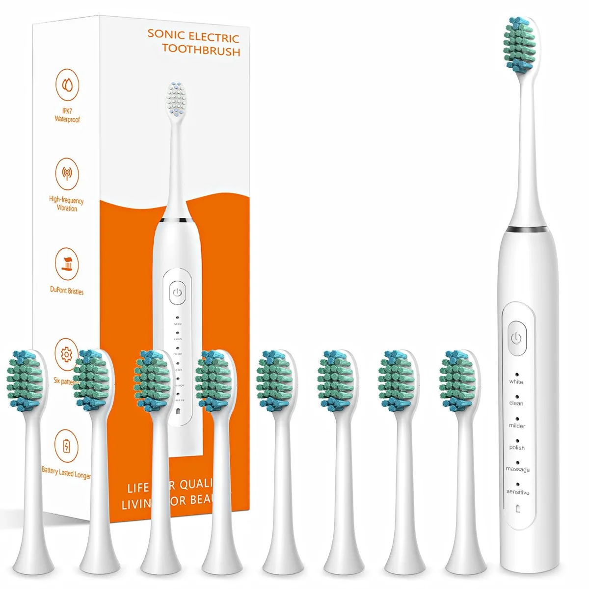 White electric toothbrush handle with eight brush heads, IPX7 waterproof rating