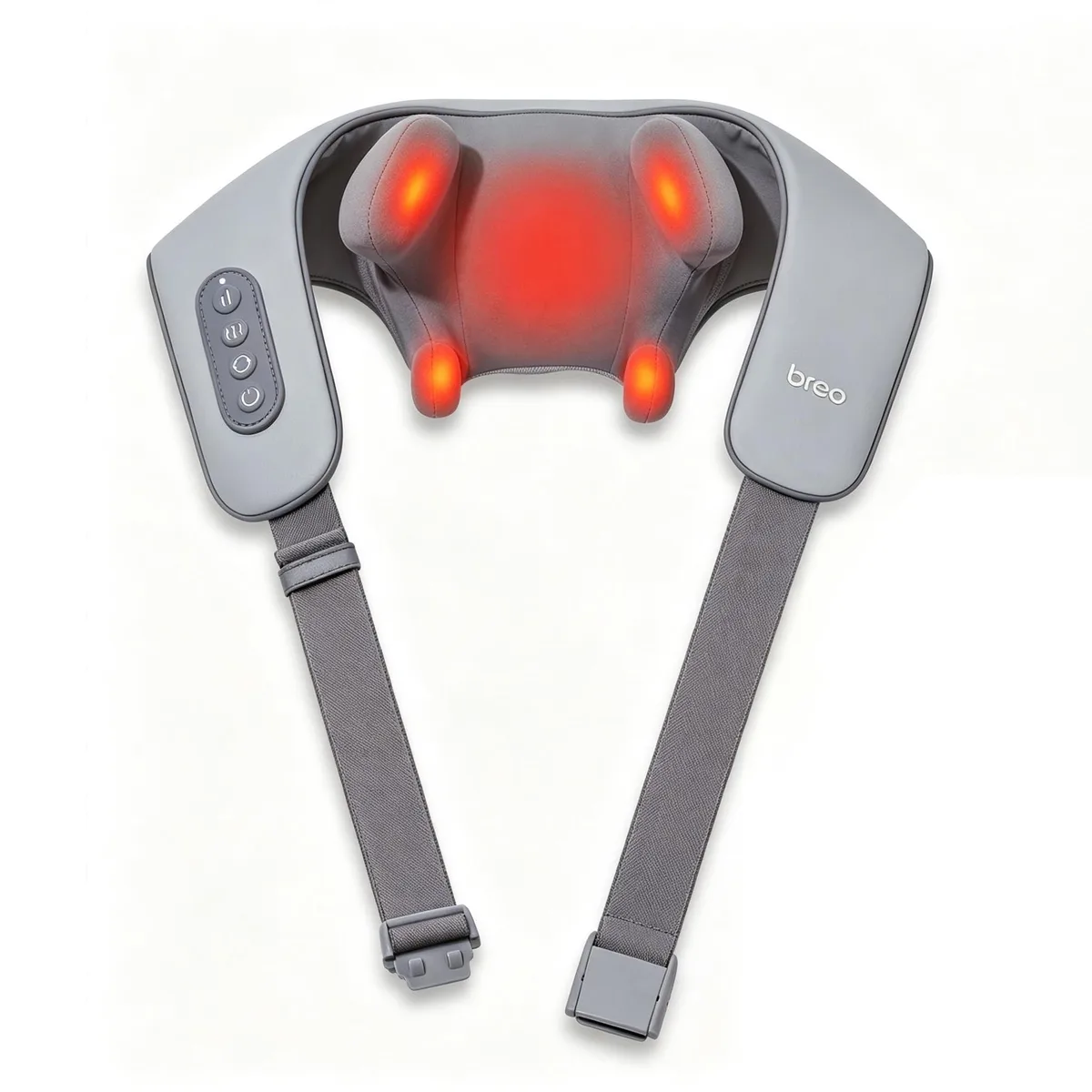 Grey wrap-around neck massager with faux leather finish and metal-grey accents
