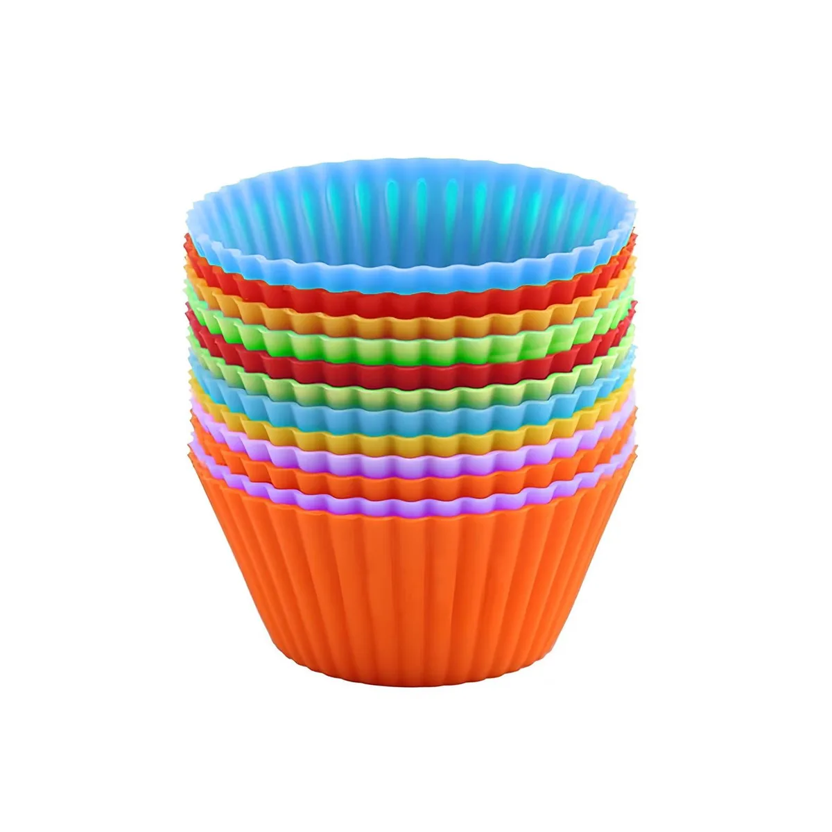 Twelve multicoloured round silicone cupcake cups, 2.7 by 1.4 by 1.8 inches