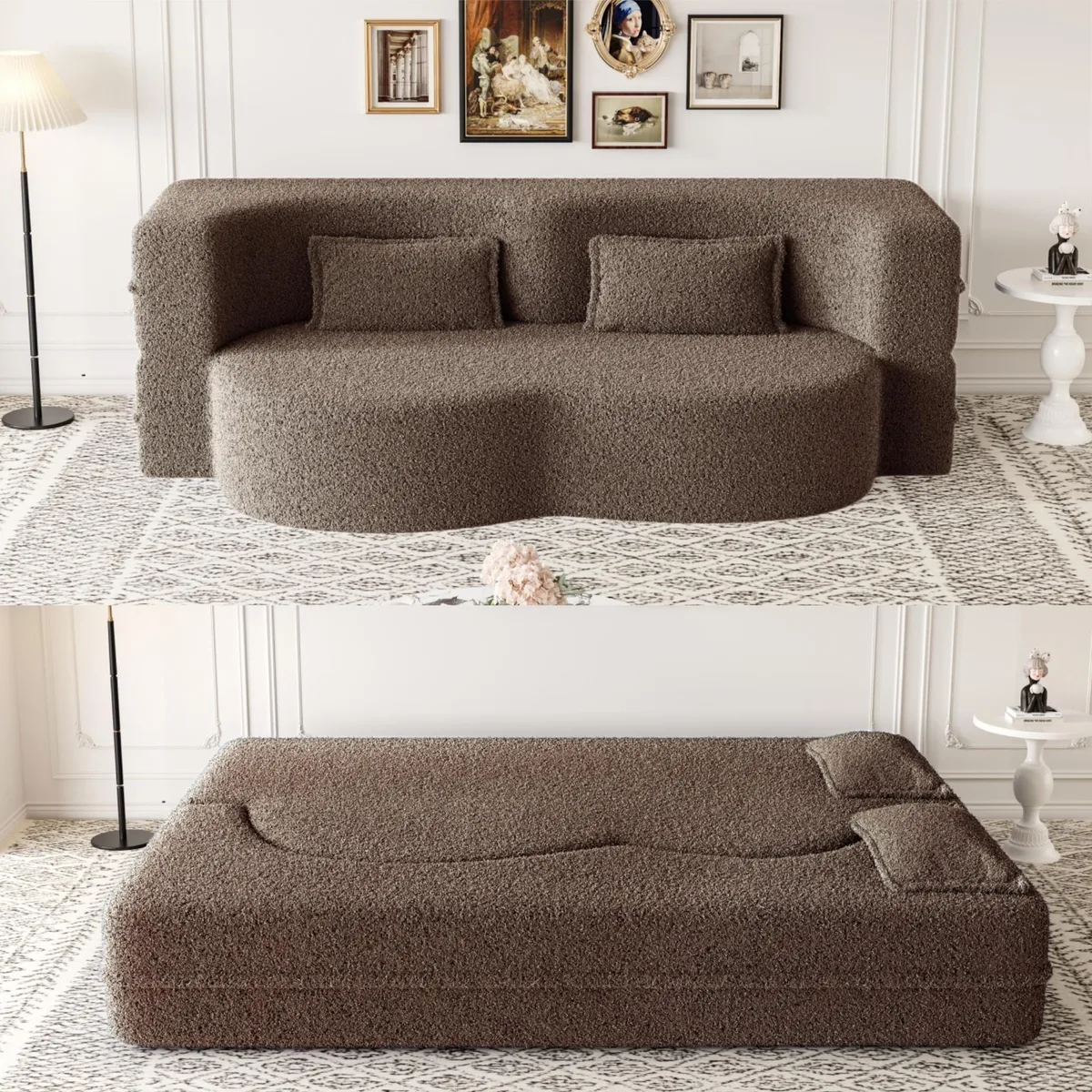 Brown teddy fabric floor sofa bed with two pillows, folded flat as a mattress