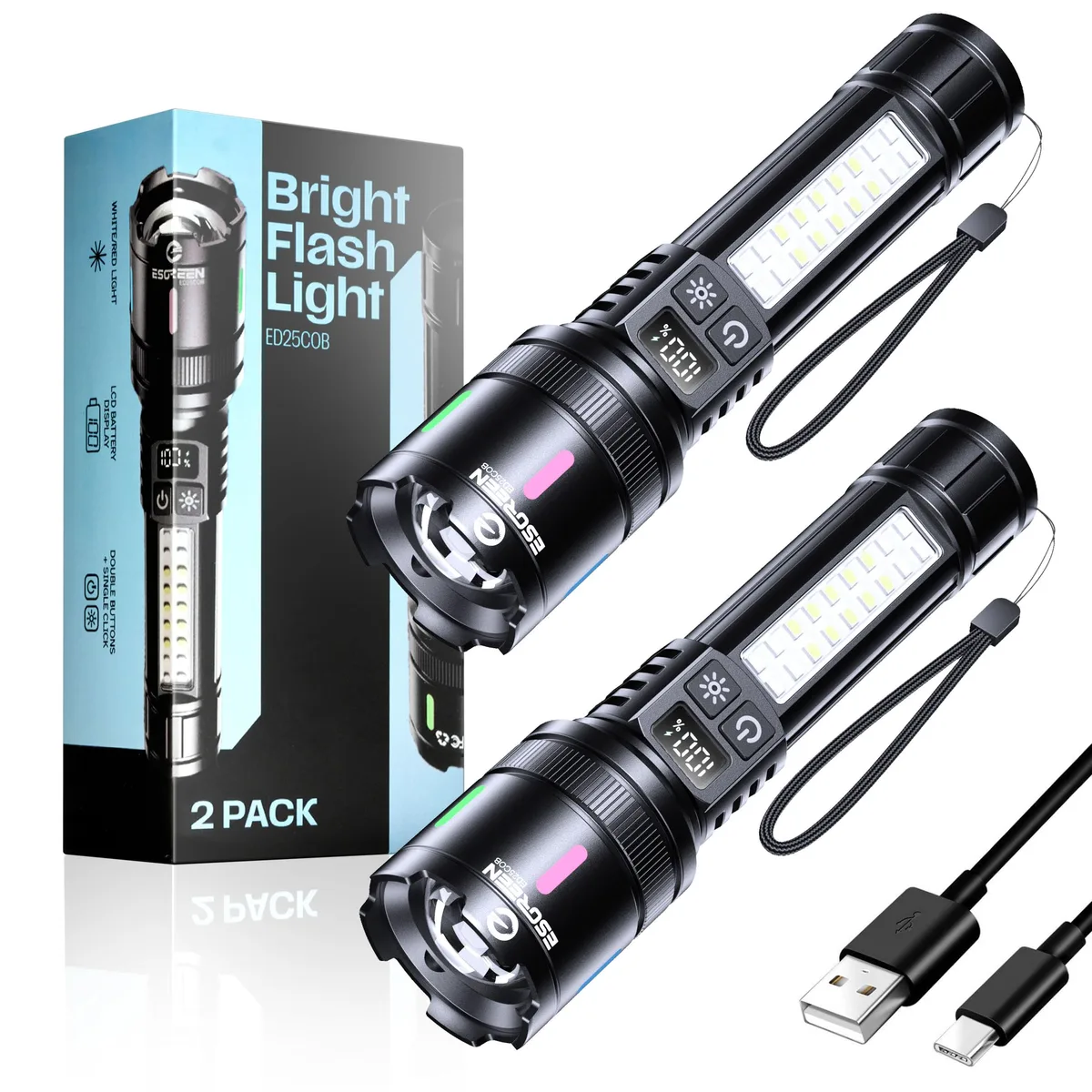 Two compact black flashlights with USB-C ports and side COB panels, shown side by side