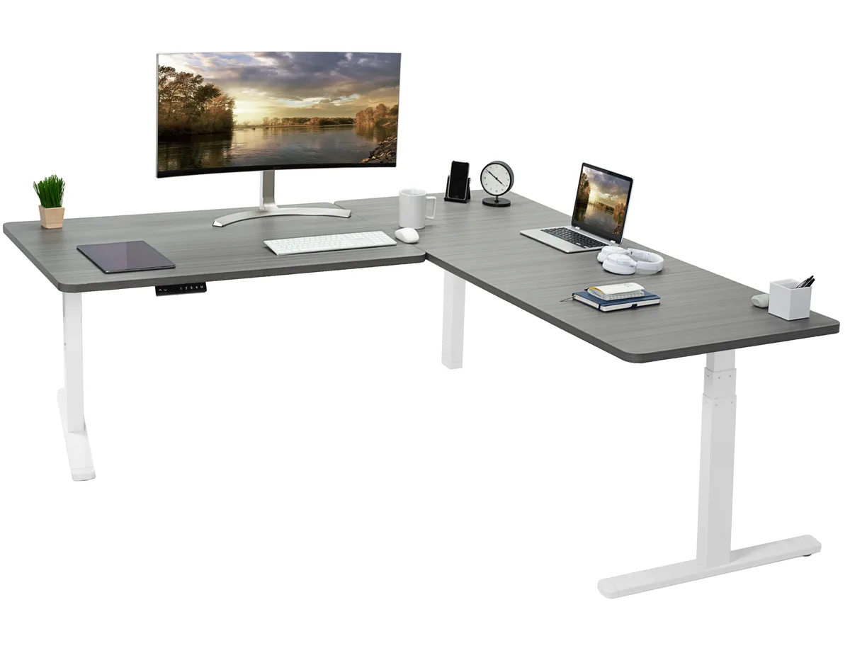 VIVO VIVO Electric Corner Desk 77" x 71" Dark Gray White Frame — product photo