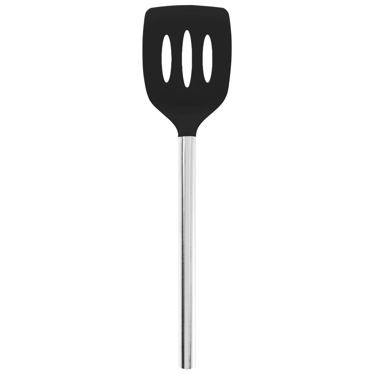 Black slotted silicone turner with stainless steel handle, 10 inches