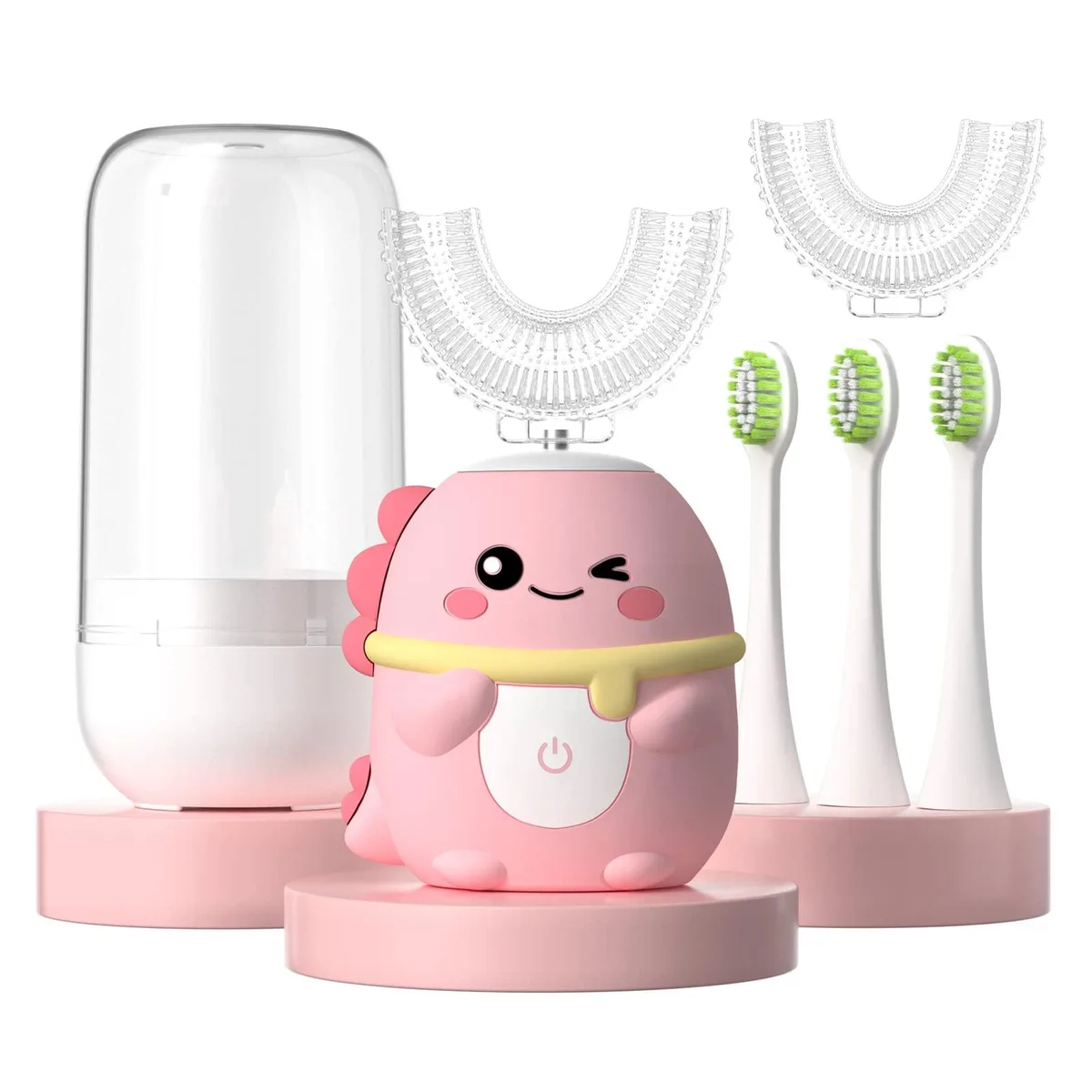 White U-shaped dinosaur electric toothbrush with soft silicone brush heads and charging base