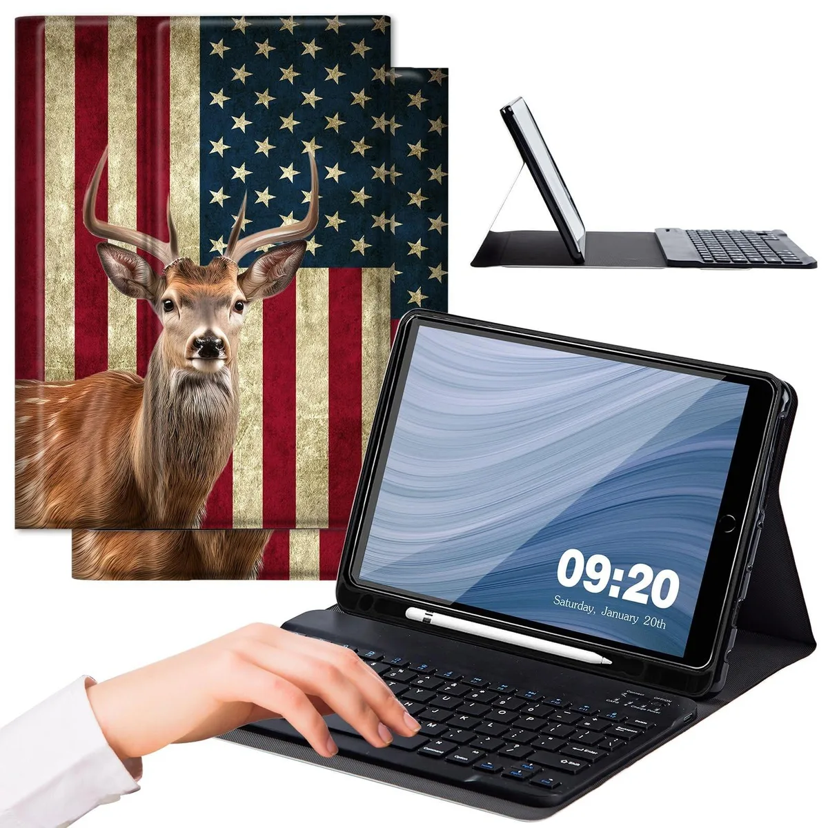 Bipra Bipra iPad 10.2 Keyboard Case 2 in 1 accessory Cute Elk American Flag — product photo