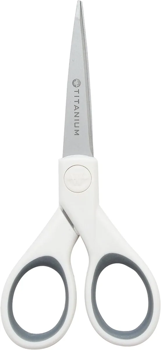 Small white and grey scissors with micro-tip blades and soft handles