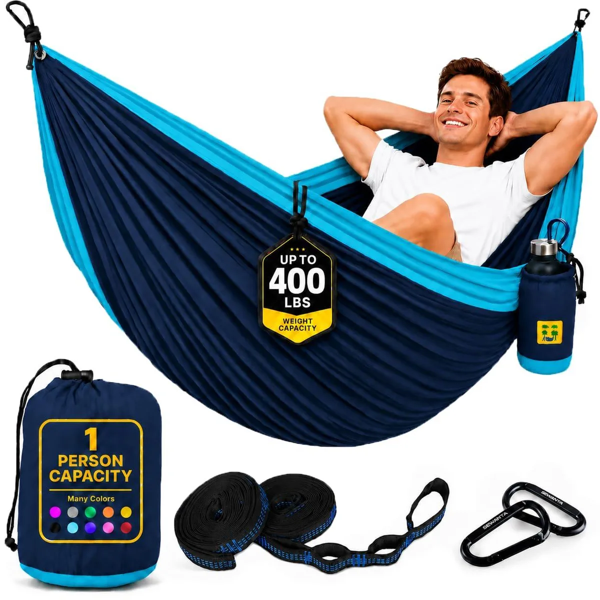 Blue and light blue nylon hammock folded into attached carry bag