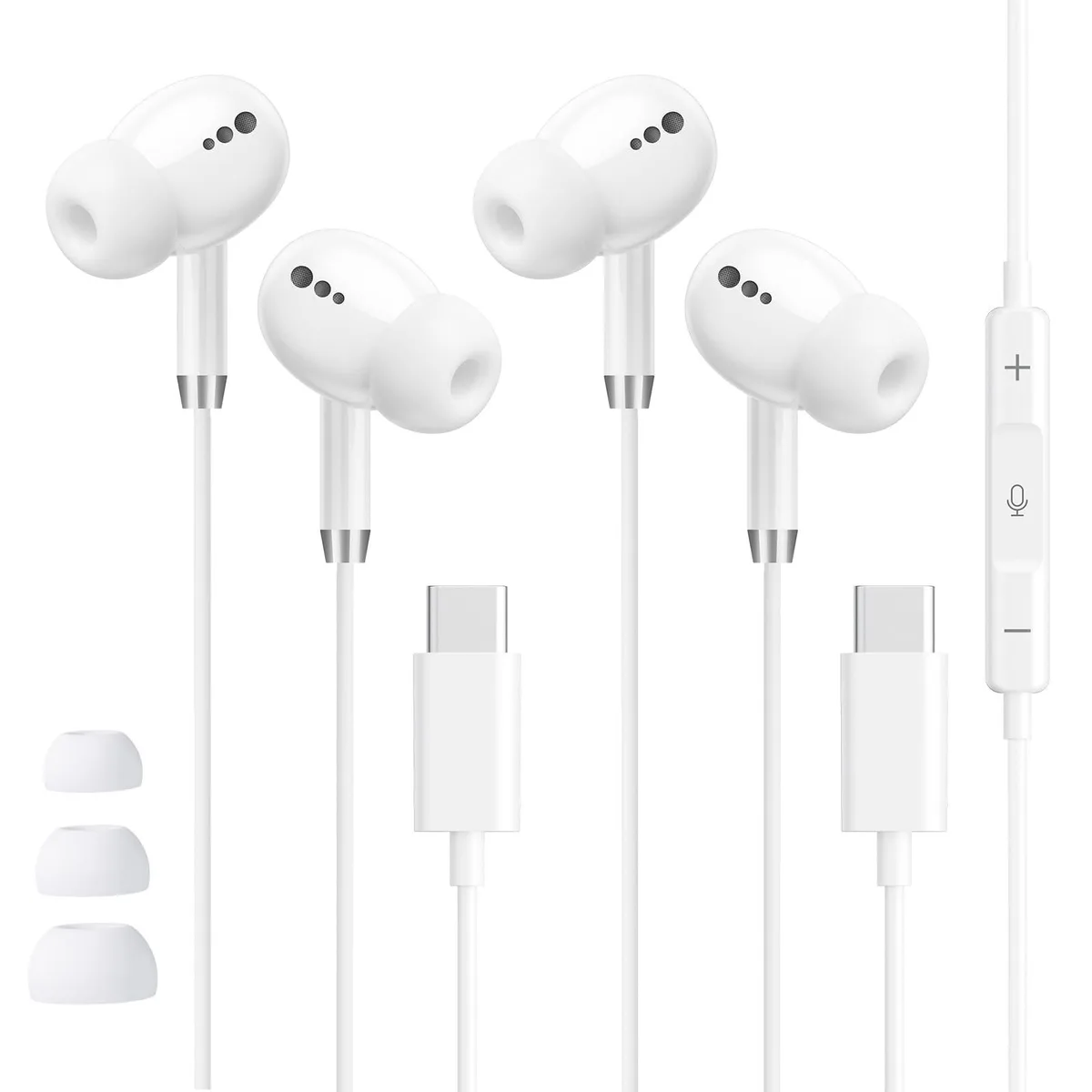 Two white in-ear USB-C wired earbuds with inline remote