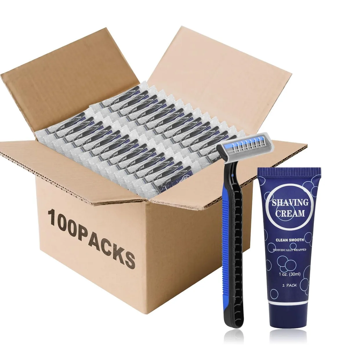 One hundred individually wrapped twin blade razors with mini shaving cream tubes