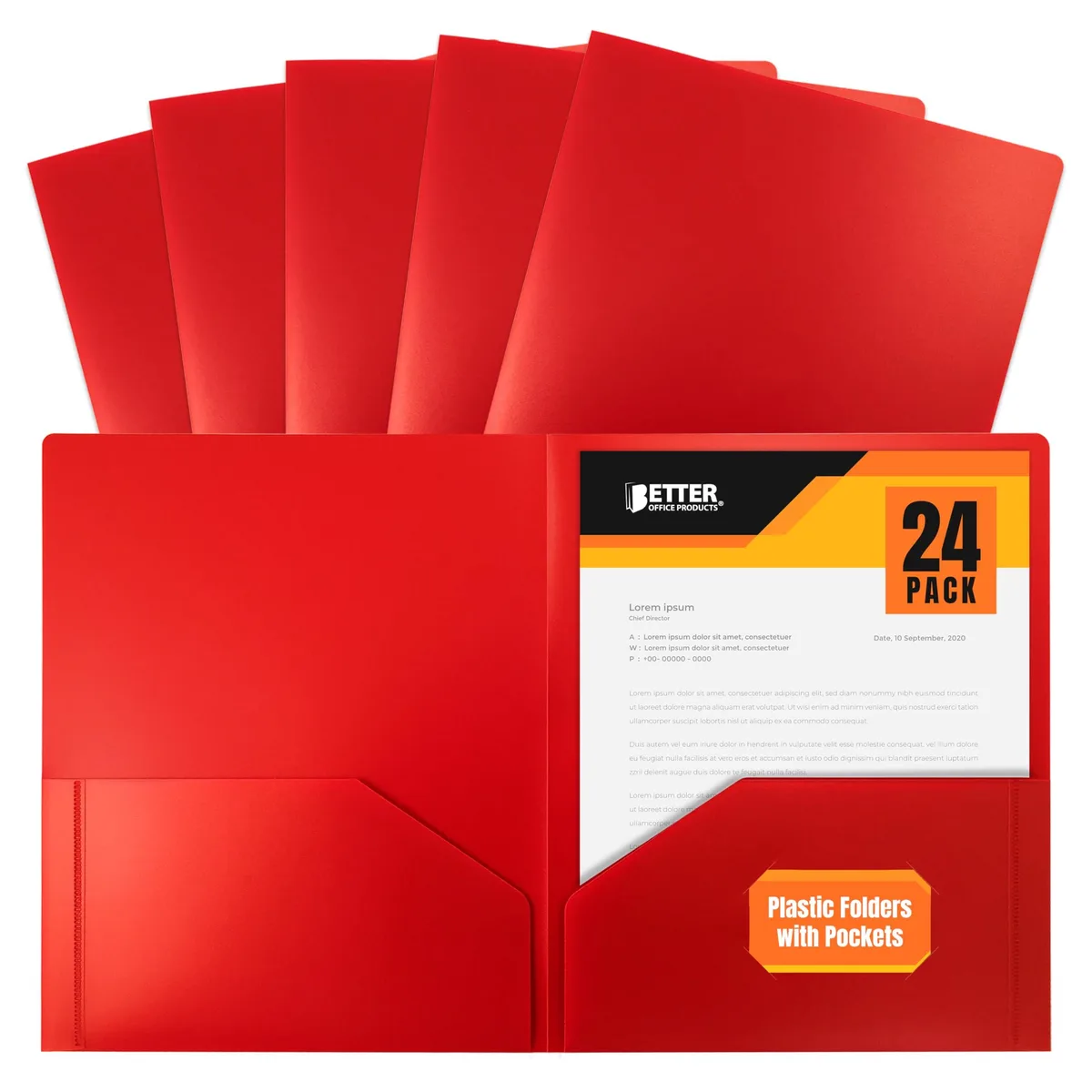 Stack of 24 red polypropylene pocket folders with two interior pockets and a business card slot