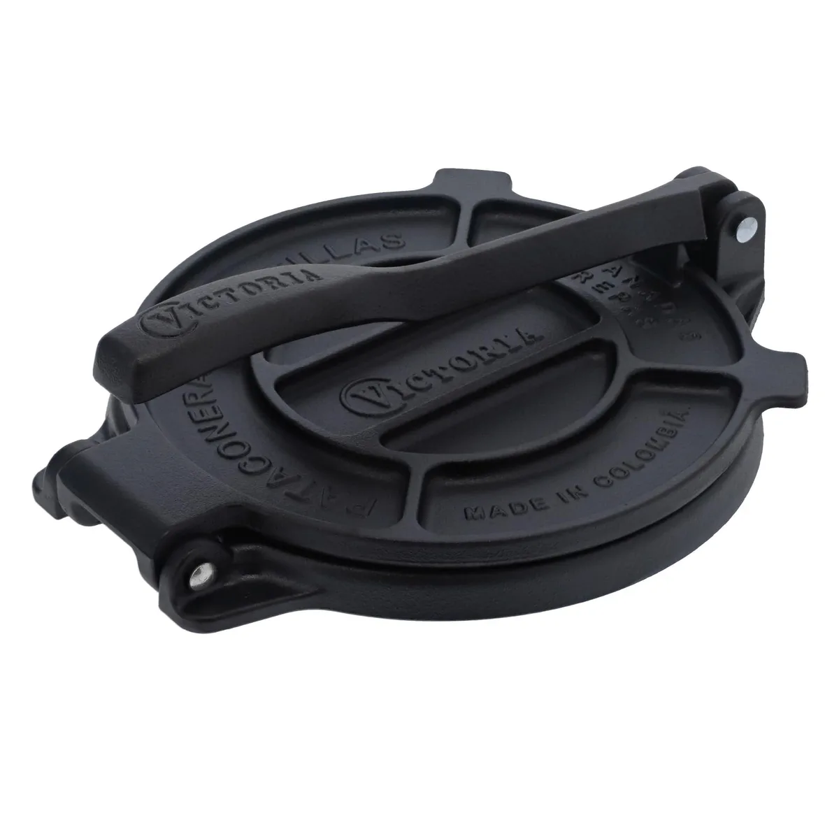 Black cast iron tortilla press with long folding handle and flat plates