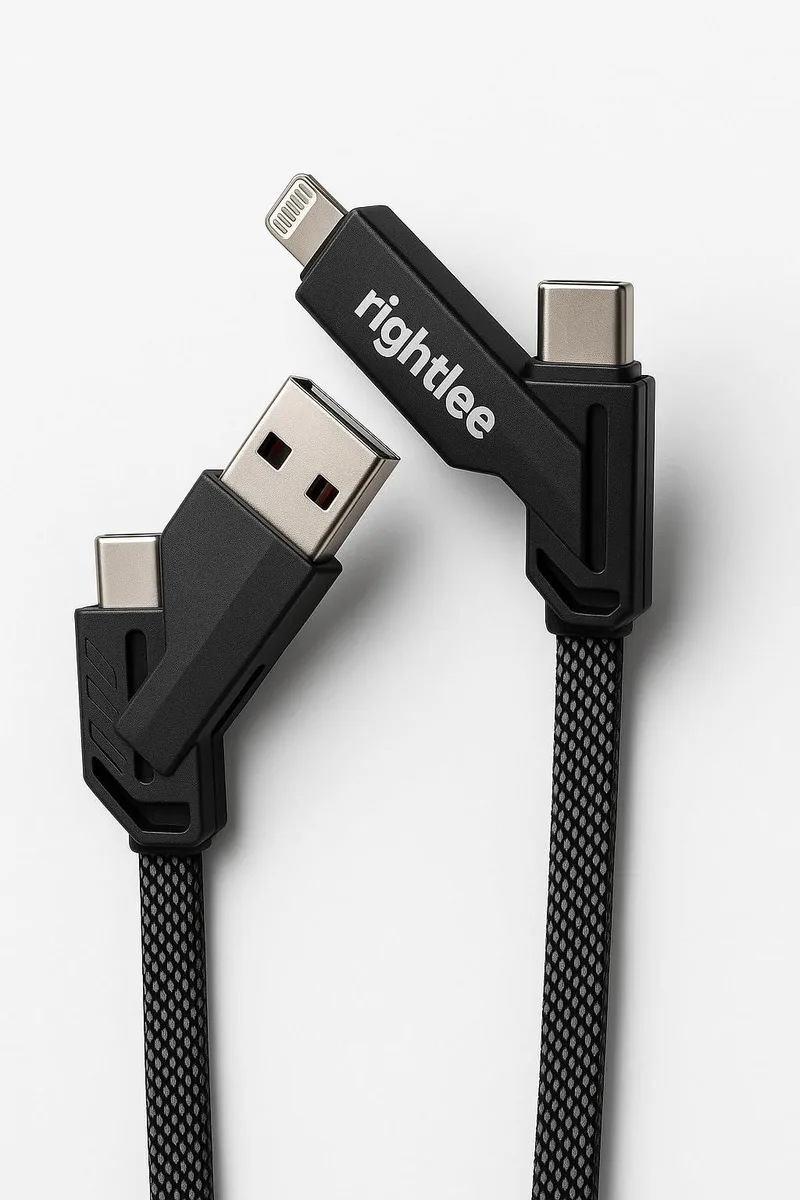 Black braided 4-in-1 cable with USB-A and USB-C inputs, USB-C and Lightning outputs