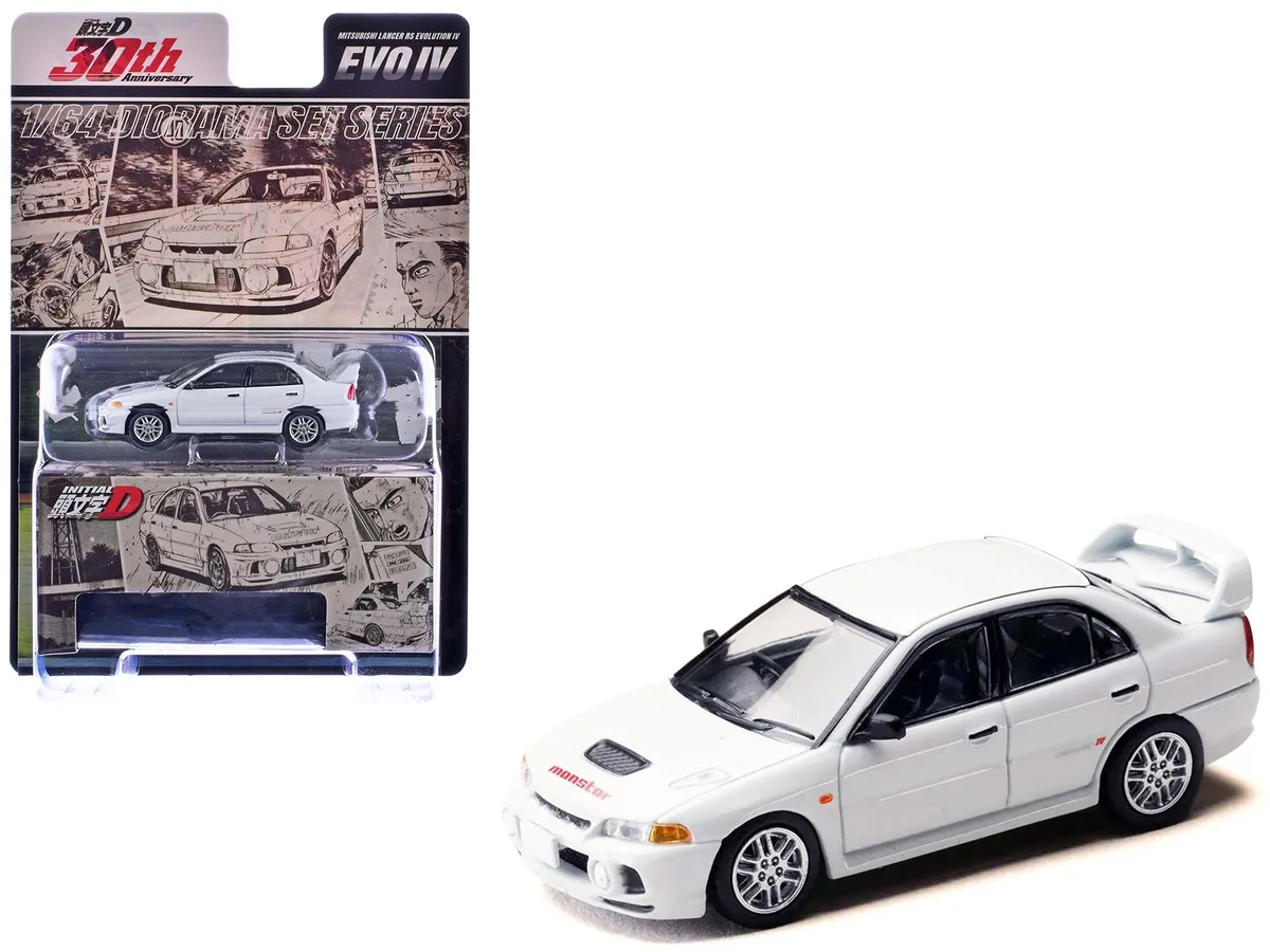 HOBBY JAPAN HOBBY JAPAN Mitsubishi Lancer RS Evolution IV RHD MonStar White Initial D 1/64 Diecast Car — product photo